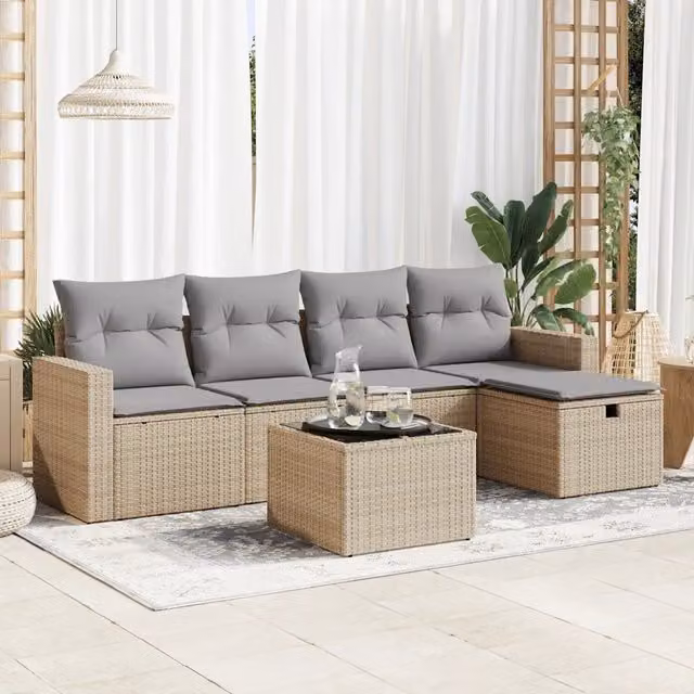 Set Divano da Giardino a L vidaXL in Polyrattan con 6 Pezzi e Cuscini Beige