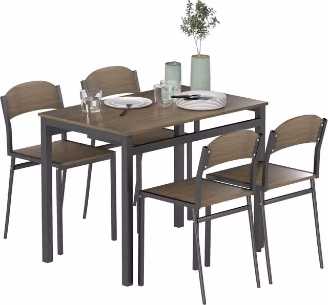 Set Tavolo da Pranzo Allungabile Xylo con 4 Sedie in Acciaio e MDF Nero e Marrone L: 100 cm, P: 63 cm, H: 76.5 cm
