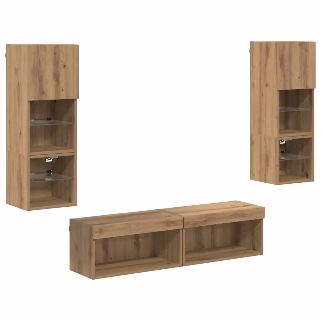 Unità TV da parete vidaXL in 6 pezzi Rovere, design moderno con illuminazione integrata e vani porta media per il tuo soggiorno – 2
