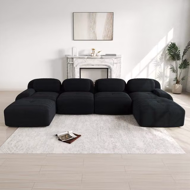 Divano Modulare a U Minimal Nero in Tessuto Cordato con Braccioli Larghi – 1