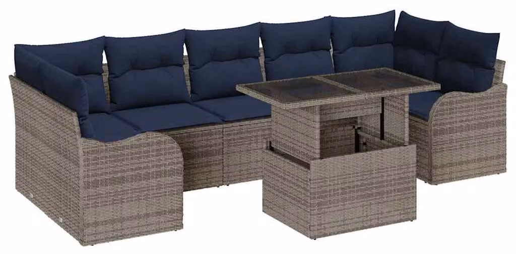 Set da giardino composto da 8 pezzi, in rattan sintetico, color grigio e blu navy