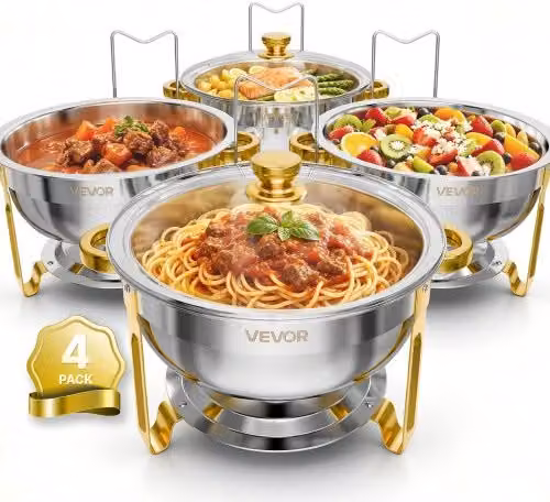 VEVOR Set Scaldavivande 4 pz per Alimenti Acciaio Inox 5,68L Coperchi Vetro Contenitore per Buffet, Banchetti, Catering, Feste, Eventi, Hotel, con 4 Vassoi, Supporto perr Combustibile, Diametro 435 mm