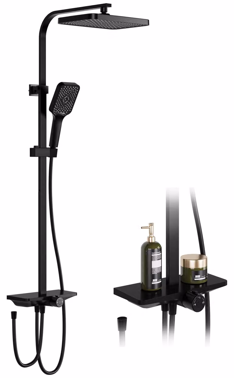 Set per doccia a parete – Colonna doccia da parete – Acciaio inossidabile – Senza miscelatore – Altezza regolabile – Tubo quadrato – Con ripiano – Nero