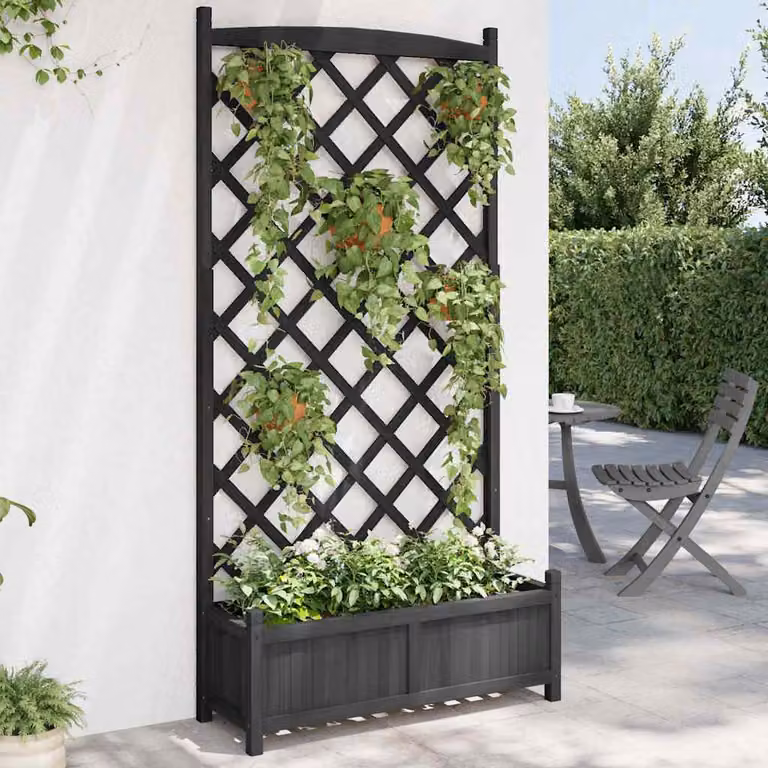 Fioriera con Traliccio vidaXL in Legno di Abete Massello, Colore Nero, L: 90 cm, P: 35 cm, H: 180 cm