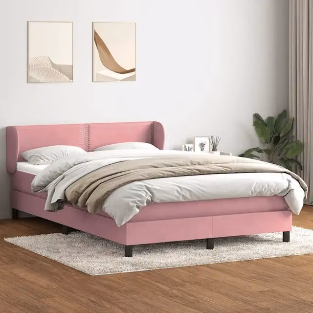Letto con Giroletto a Molle e Materasso Ibrido vidaXL in Velluto Rosa e Bianco L: 163 cm, P: 213 cm, H: 88 cm – 1