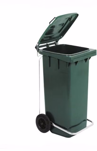 Bidone per raccolta differenziata carrellato Mobil Plastic verde da 240 litri con pedale e aste in plastica – 1