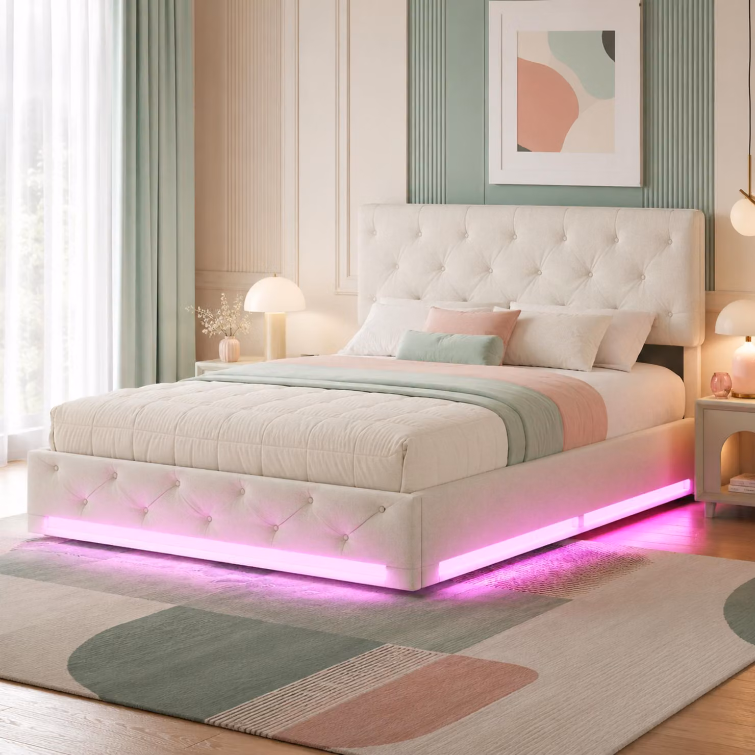 Letto matrimoniale con boxspring, imbottito, 140x200 cm, con illuminazione LED, dotato di sistema idraulico per l'apertura e vano contenitore, struttura letto per giovani con cassettone e rete a doghe, colore beige