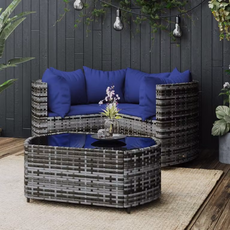 Set da giardino vidaXL composto da 4 pezzi con divano a L, elementi angolari e tavolino da caffè, con cuscini imbottiti in tessuto, struttura in metallo e design moderno in grigio, blu o nero