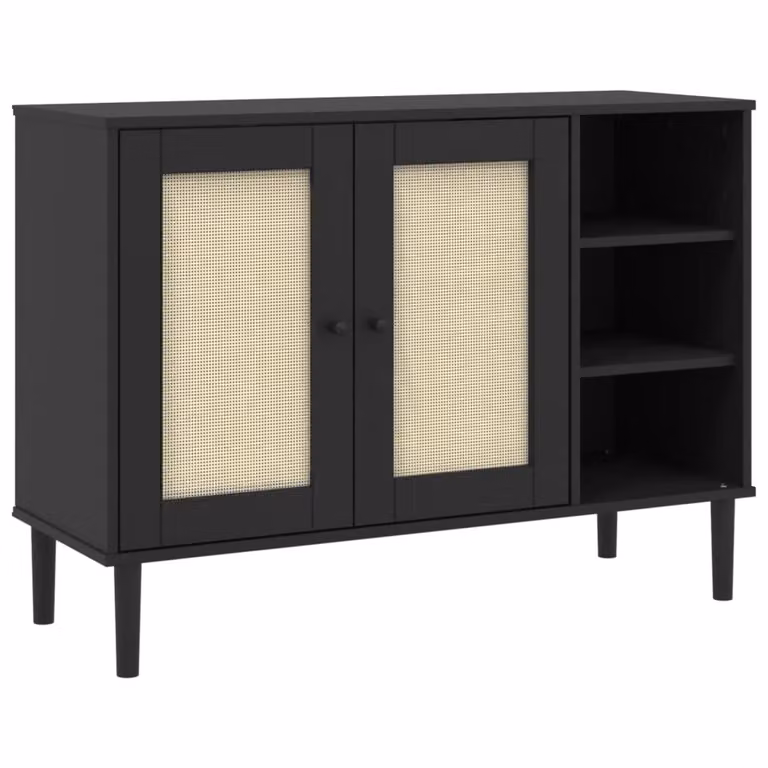Credenza SENJA Aspetto Rattan Nero 112x40x80 cm Massello Pino