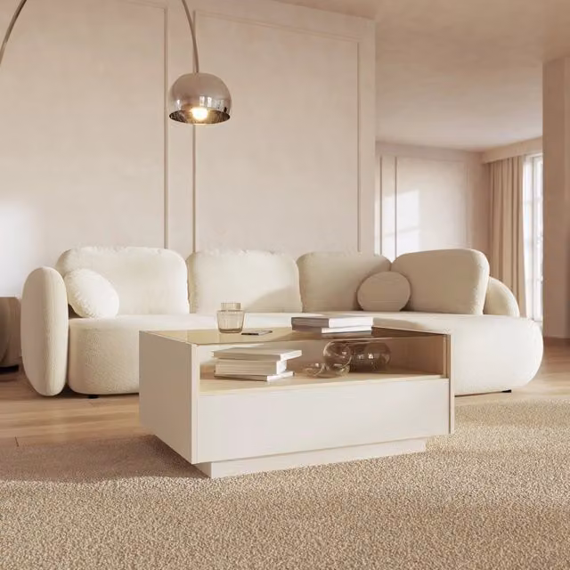 Tavolino da salotto moderno Karisasa con un cassetto, rettangolare, beige e marrone, L: 96 cm, P: 40 cm, H: 43 cm – 1