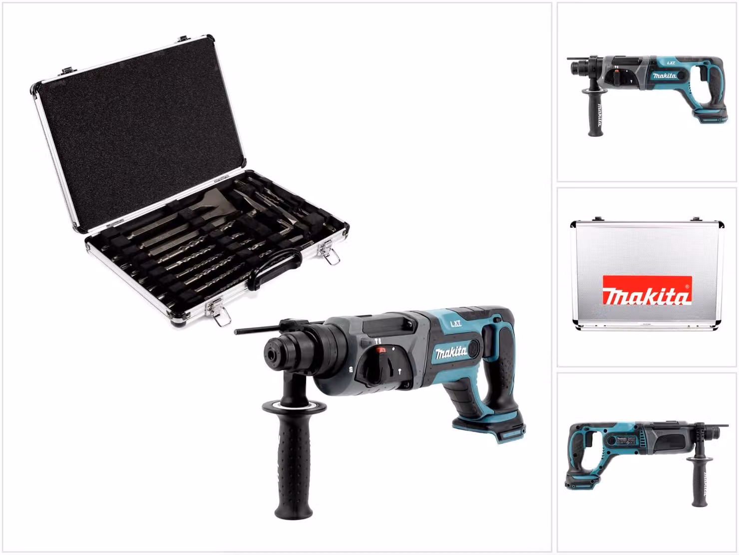 Trapano a percussione a batteria Makita DHR 241 Z 18 V Li-Ion con mandrino SDS-Plus solo + set di punte Makita D-42444 SDS-Plus 17 pezzi in valigetta di alluminio - senza batteria, senza caricabatterie
