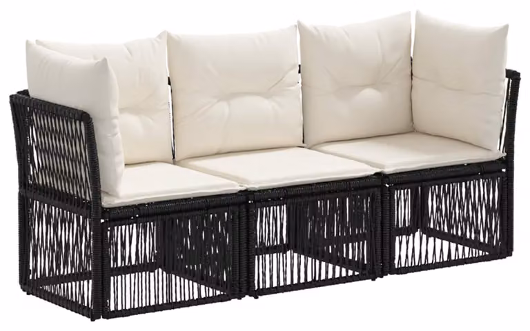 Tre divani da giardino, colore nero, in rattan sintetico