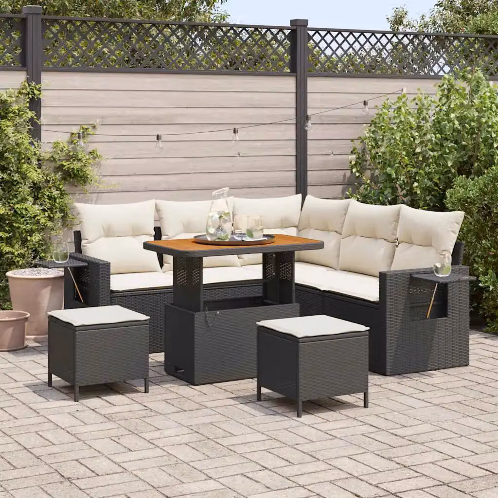 vidaXL Set Divano da Giardino 9 Pezzi a Forma di L con Cuscini Nero e Beige – 1