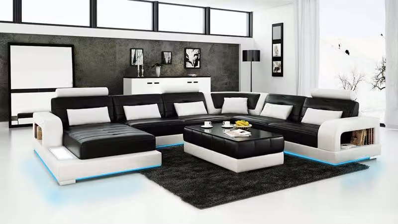 Sofa Ecksofa Design Wohnlandschaft mit Regal Polster Sitz Garnitur Ledersofa USB