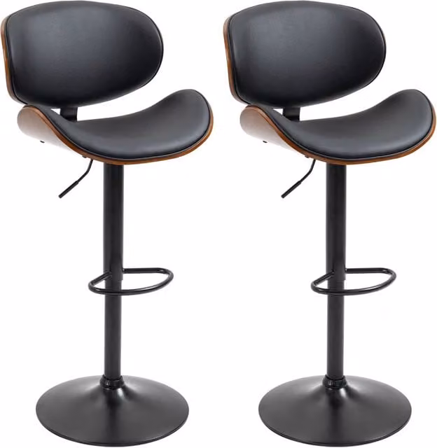 Set di 2 sgabelli da bar regolabili in altezza, sedie da cucina girevoli in ecopelle nera con poggiapiedi, struttura in acciaio, 53x52x92-112 cm