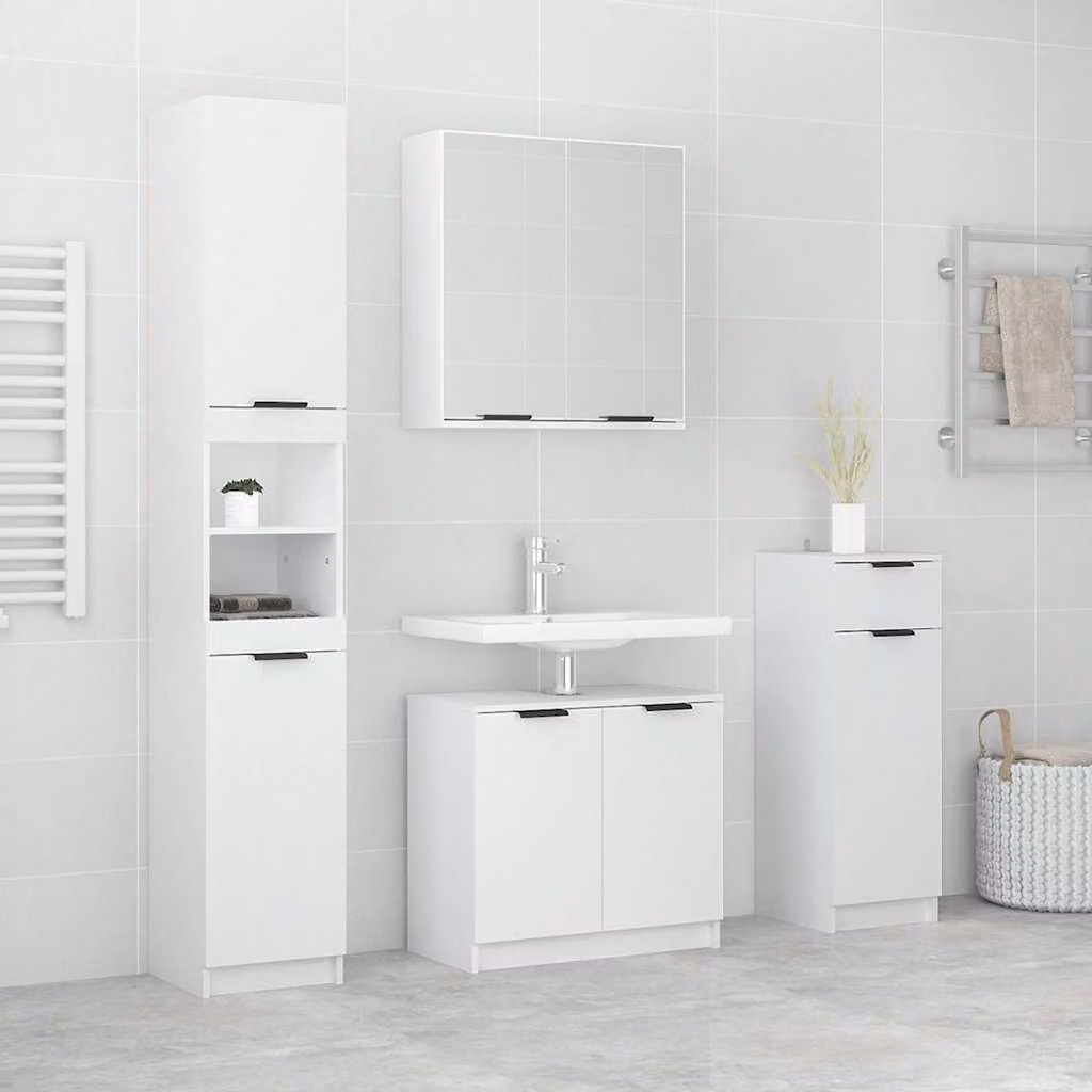 Set di mobili da bagno vidaXL 4 pezzi in legno multistrato bianco con armadio alto, armadio laterale e armadietto con specchio