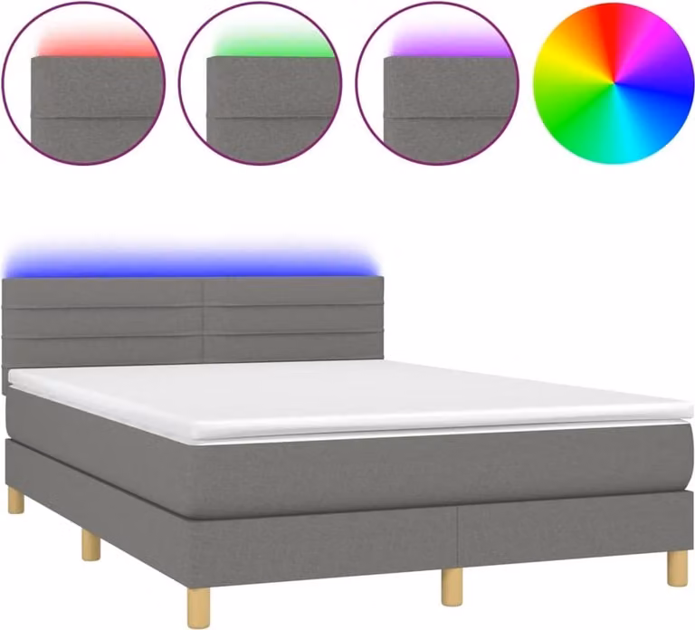 Letto a Molle Materasso e LED Grigio Scuro 140x200cm in Tessuto