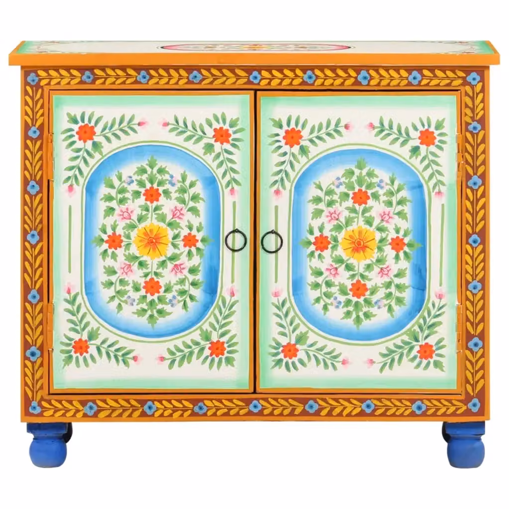 Credenza in legno di mango decorata a mano con motivo floreale etnico multicolore vidaXL L/P/H: 70 x 35 x 60 cm – 2