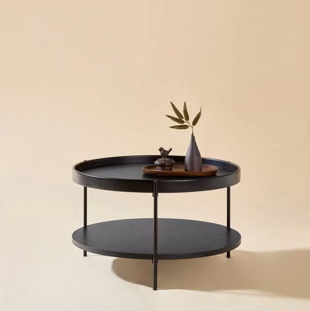 Tavolino basso rotondo 69 x 69 x 38 cm nero a 2 livelli; MDF e metallo; montaggio semplice