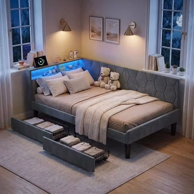 Letto Singolo 90x200 cm con 2 Cassetti; Divano Letto Imbottito; Luci LED e Porta USB; Struttura Letto in Velluto; Grigio; Senza Materasso