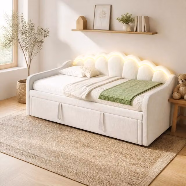 Divano letto estraibile con LED colorati; 90x200 cm; in velluto beige