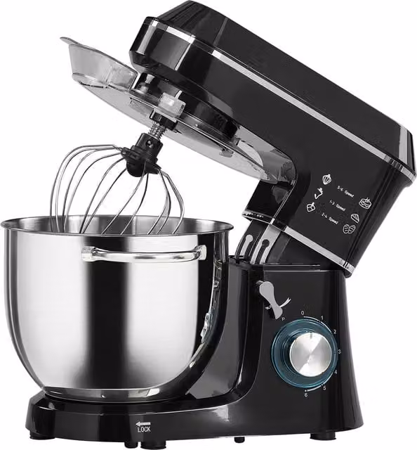 Impastatrice Planetaria HOMCOM da 1400W con Ciotola in Acciaio Inox da 7L, 6 Velocità, Gancio, Frusta e Sbattitore, Nero