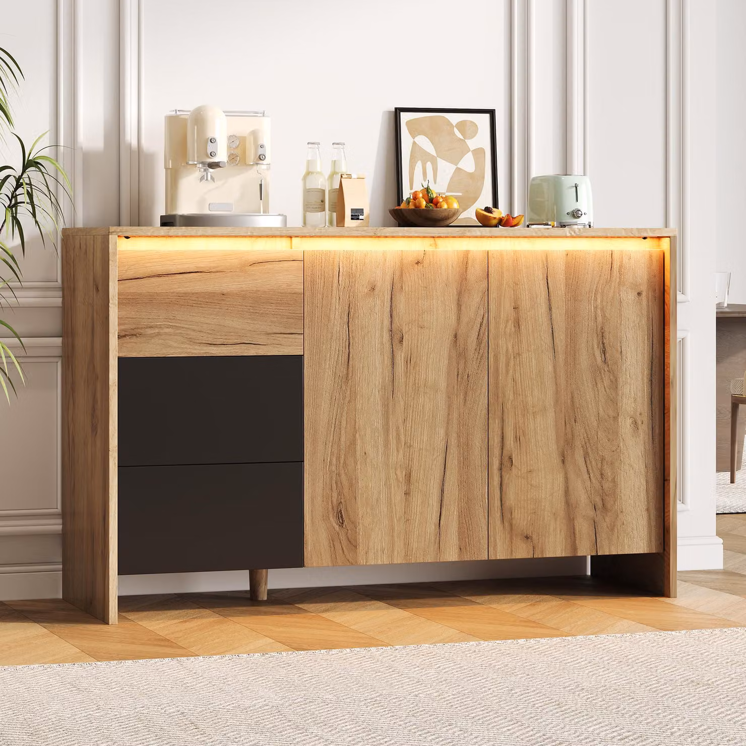 Merax Comò, credenza con 3 cassetti e 2 ante, illuminazione a LED, buffet per soggiorno, sala da pranzo, corridoio, credenza, naturale+nero