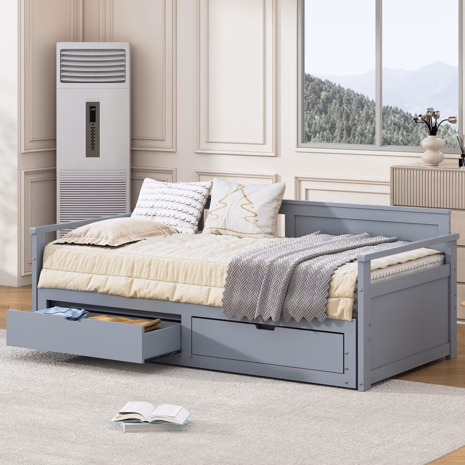 MODFU divano letto, divano da salotto 90 x 190 cm/180 x 190 cm con 2 cassetti, letto estraibile, pieghevole, in pino (senza materasso), grigio