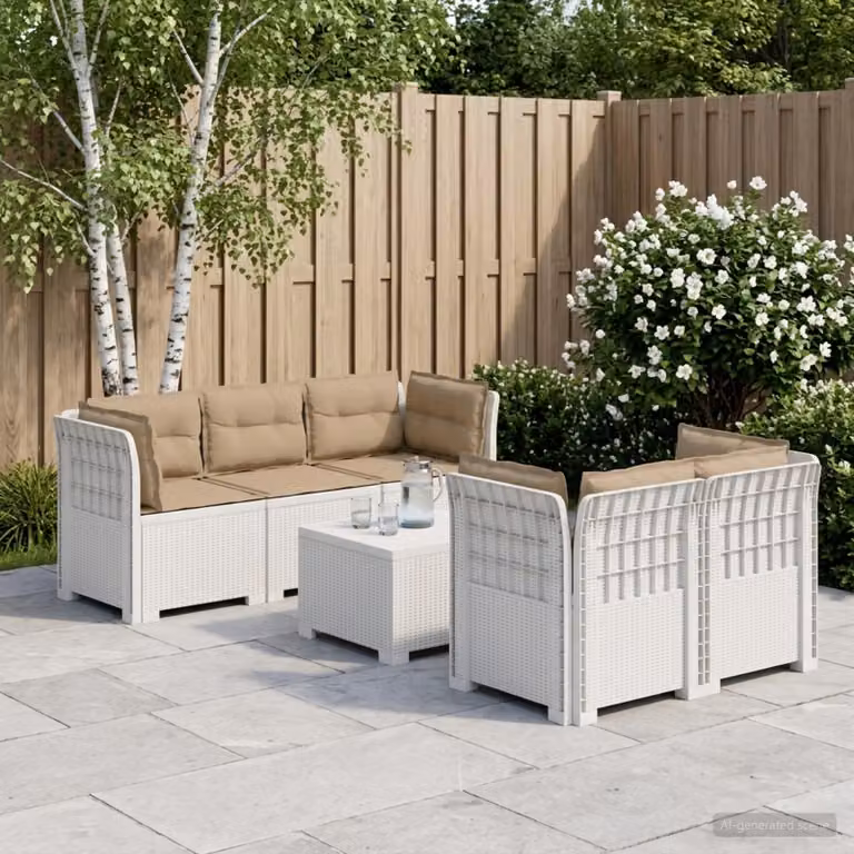 Set da giardino vidaXL a forma di L con divano da 3 posti, elemento angolare, tavolino da caffè e cuscini, in polyrattan bianco e beige