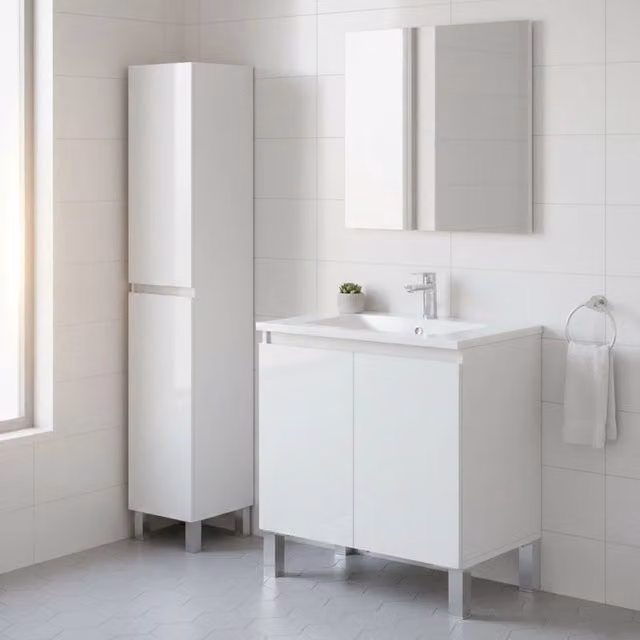 Set Mobili Bagno DMORA Moderno Bianco Lucido con Mobile Lavabo e Colonna con Ante a Battente e Ripiani Interni H: 182 cm, L: 60 cm, P: 40 cm