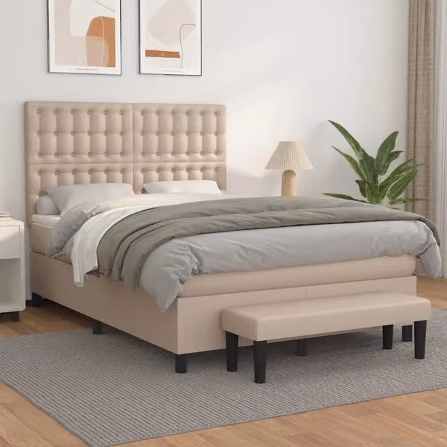 Letto con Giroletto a Molle e Materasso Ibrido vidaXL in Similpelle Beige, L 140 x P 200 cm