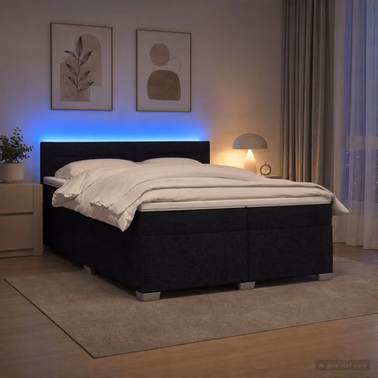Letto con Box Spring vidaXL, Materasso Ibrido e Illuminazione LED, Nero, 200 x 200 cm