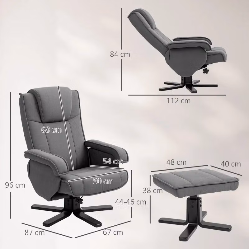 Poltrona relax reclinabile WISHDOR con pouf, girevole 360° e funzione dondolo, tessuto effetto velluto, grigio – 2