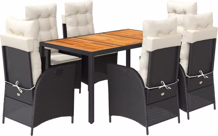 Set da Pranzo da Giardino 7 pz Nero con Cuscini in Polyrattan