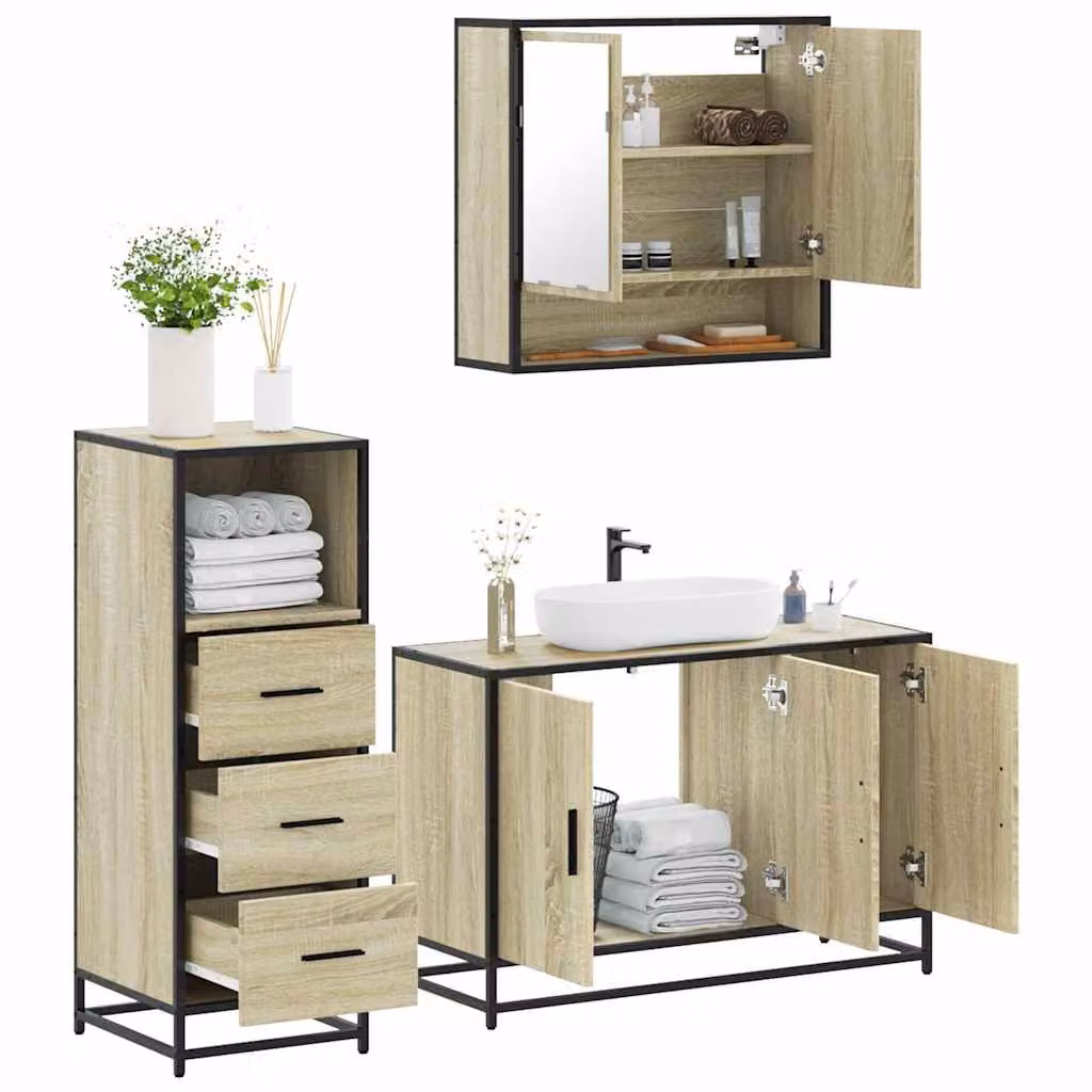 Set di mobili da bagno 3 pezzi vidaXL in stile industriale color rovere con mobile lavabo e armadietto specchio L/P/H: 90 x 33 x 60 cm