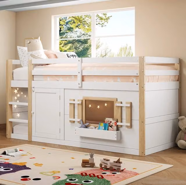 Letto rialzato per bambini 90x200 cm con scala e spazio inferiore multifunzione; bianco