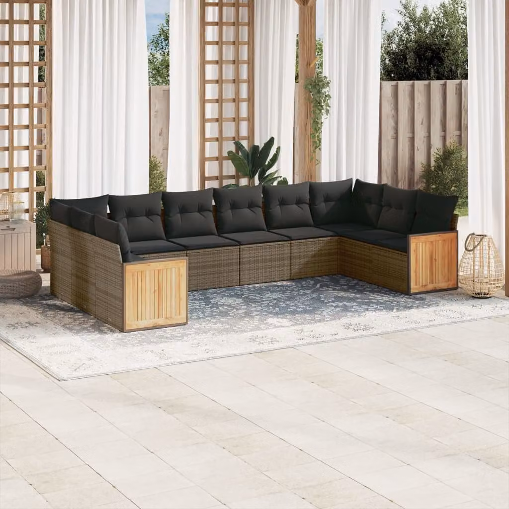 vidaXL Set Divano da Giardino 10 pz in Polyrattan Grigio con Cuscini Imbottiti e Rivestimenti Rimovibili
