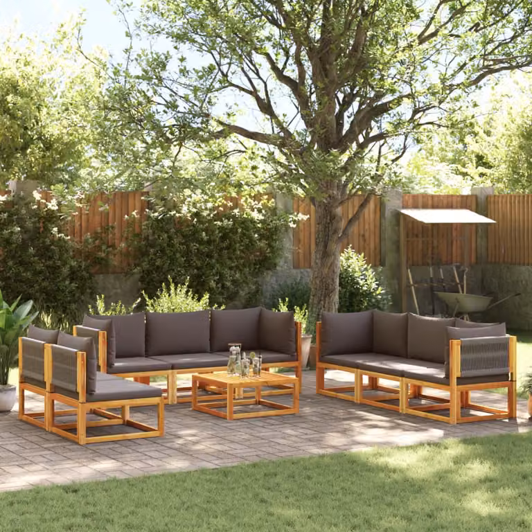 Set di divani da giardino vidaXL 9 pezzi in legno di acacia oliato con cuscini grigi e marroni a forma di L e tavolino da esterno