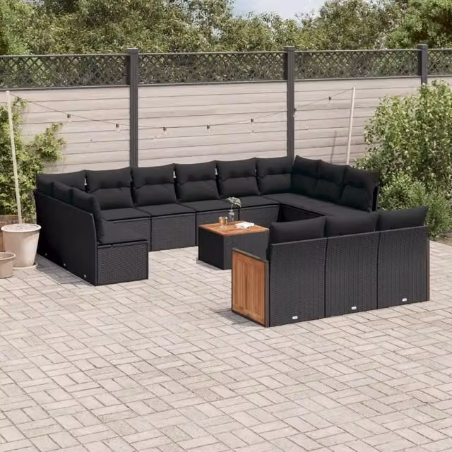 Set di Divani da Giardino a Forma di U vidaXL in Polyrattan Nero con Cuscini e Tavolino da Esterno – 1