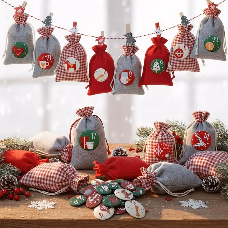 Calendario dell'Avvento in tessuto, 24 sacchetti, rosso e grigio, riutilizzabile