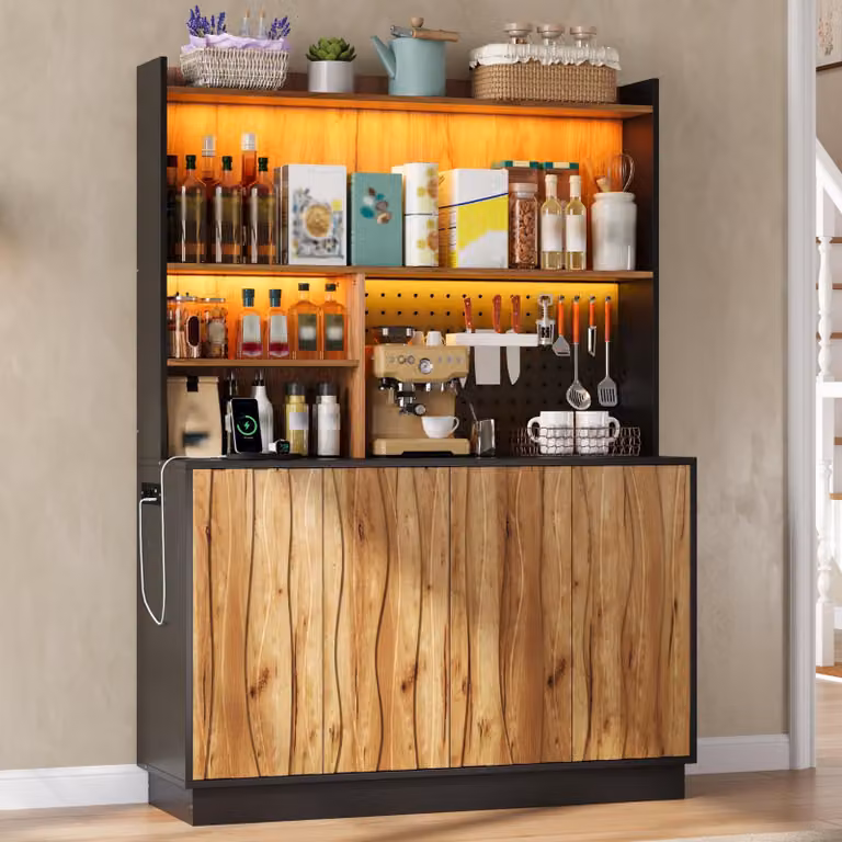 STILVORA: Armadio portaoggetti con 4 ante e pannello forato, vetrina per soggiorno e sala da pranzo, mobile da cucina con illuminazione a LED e prese elettriche