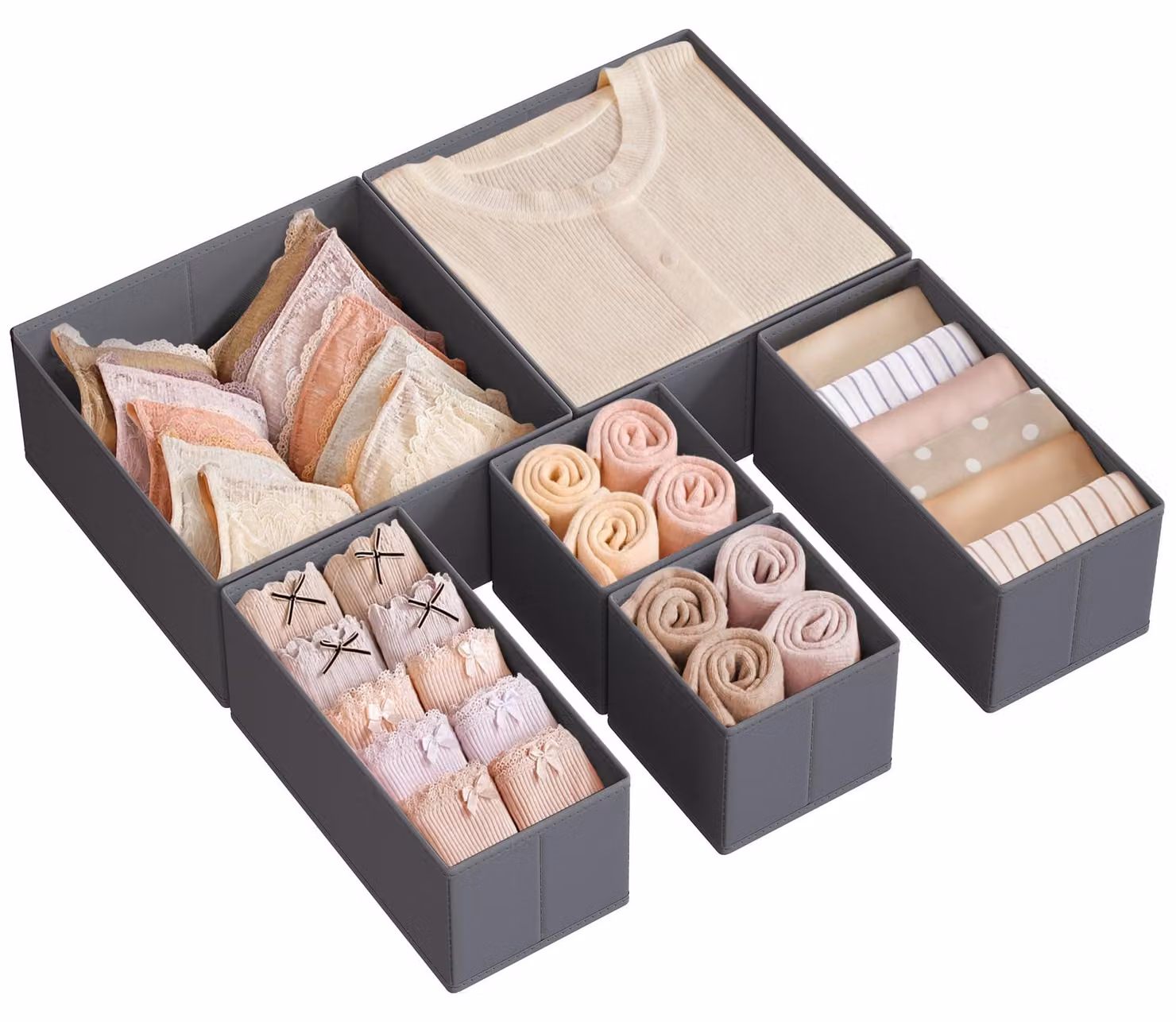 SONGMICS - Set di 6 contenitori organizzatori per cassetti, contenitori pieghevoli, organizer per biancheria intima, scatole in tessuto per calze, biancheria intima, reggiseni, cravatte e sciarpe, colore grigio ardesia (RDZ06G)