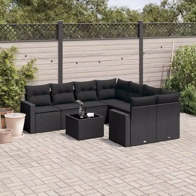 Set Divani da Giardino 9 pz con Cuscini Nero in Polyrattan 3251092