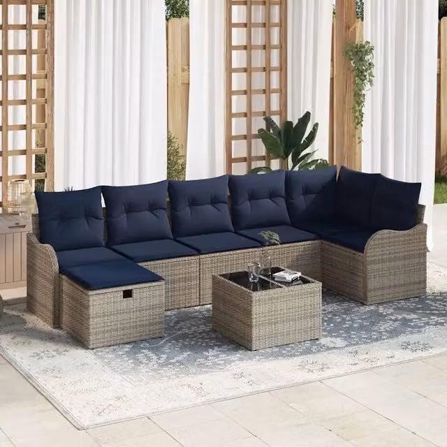 Set di divani con cuscino Grigio e Blu Navy polyrattan 3359014