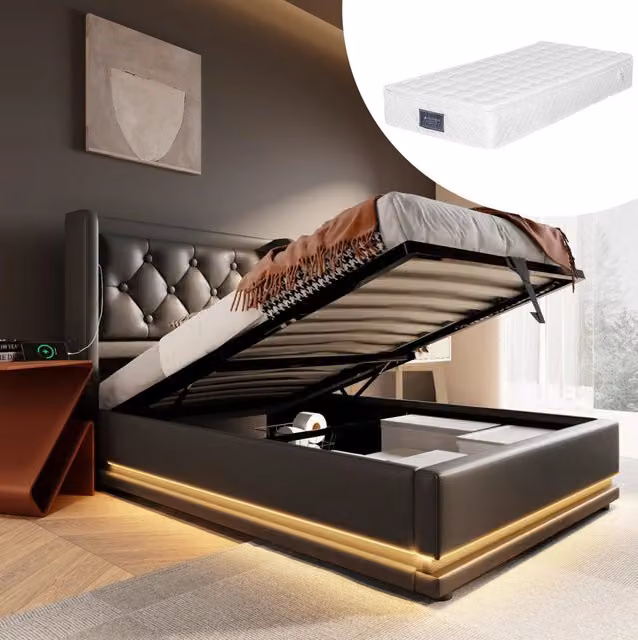 Letto singolo 90x200 cm in PU nero con contenitore; LED e ricarica USB-C