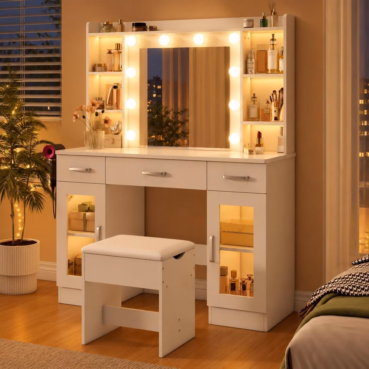 AIORBER Tavolo da trucco con specchio e 10 lampadine, tavolino da toeletta con sgabello, tavolino da trucco con cassetti, tavolo da trucco Hollywood con spazio contenitivo Bianco