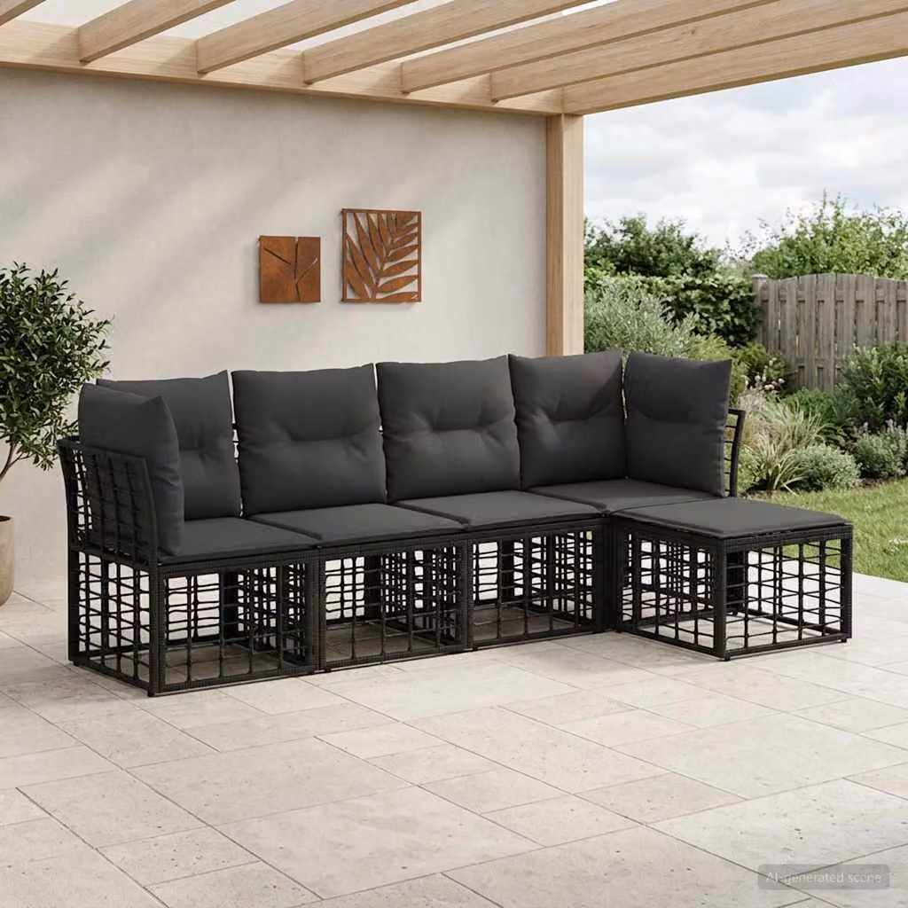 Set di divani da esterno a L vidaXL in polyrattan nero con pouf e cuscini inclusi