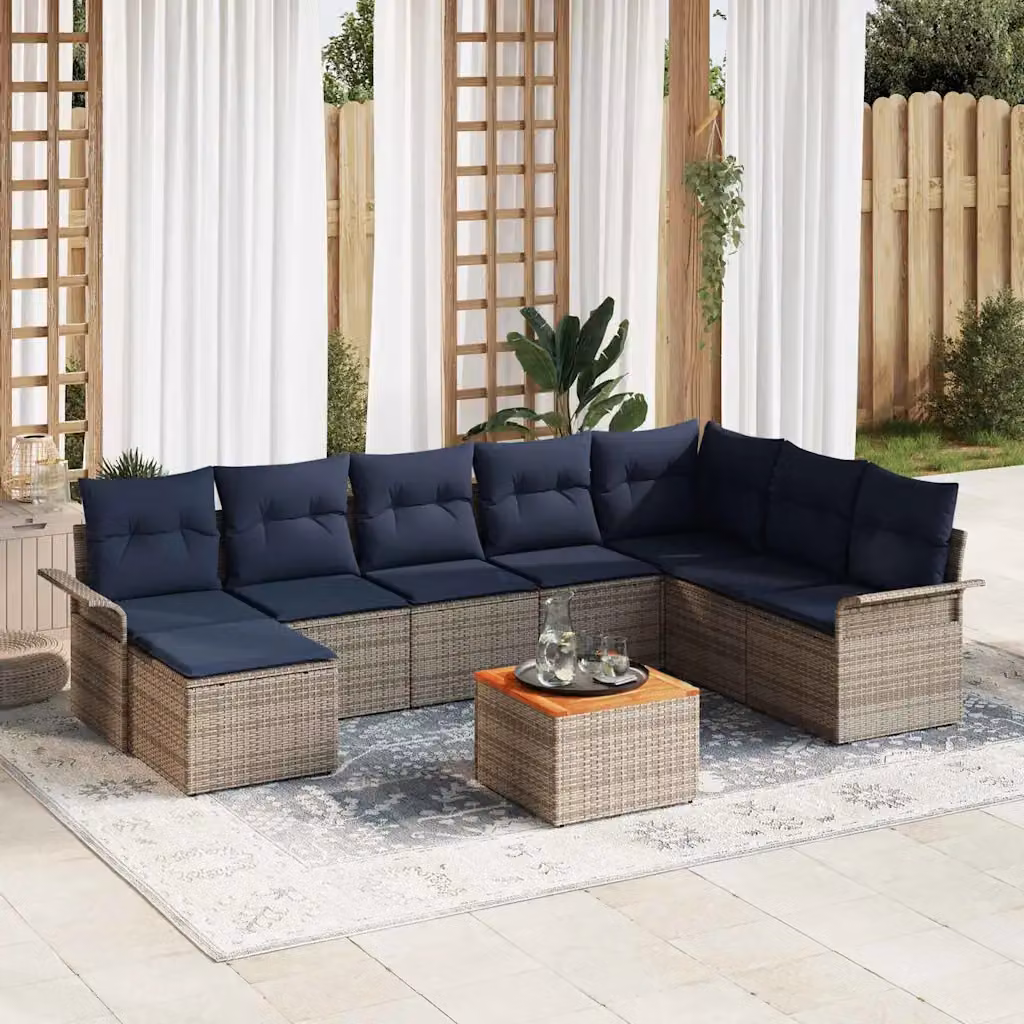 Set Divano da Giardino vidaXL 9 pz a Forma a U in Polyrattan Grigio e Blu Navy con Cuscini e Tavolino