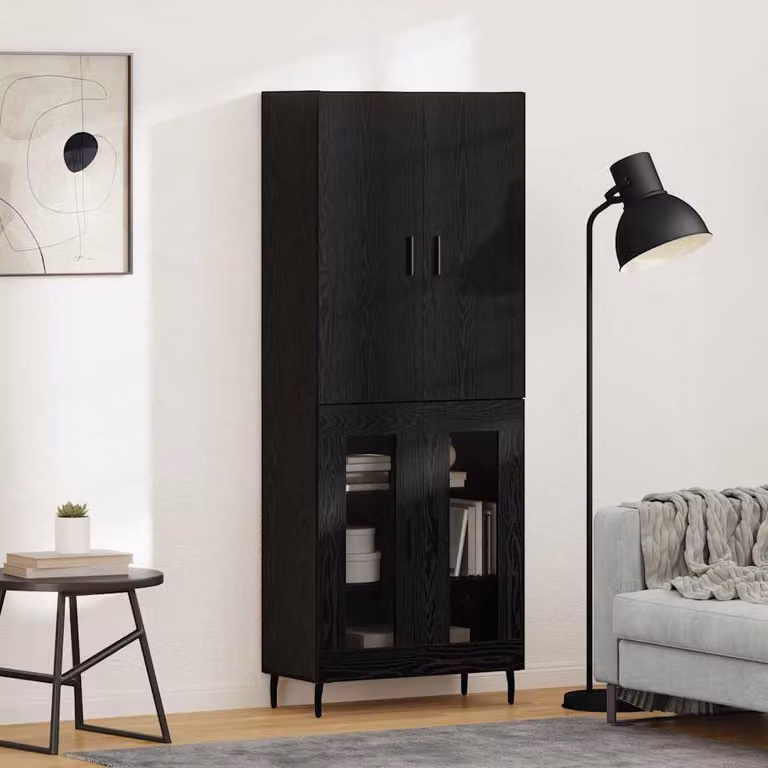 Set di 2 credenze moderne vidaXL in rovere e vetro, colore nero e marrone, L: 69,5 cm, P: 34 cm, H: 180 cm