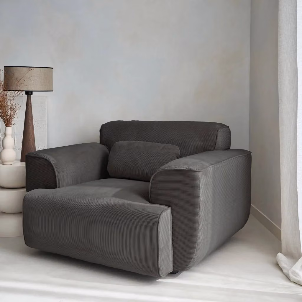 Poltrona singola Sweeek in velluto a righe grigio con struttura in legno di pino – 2